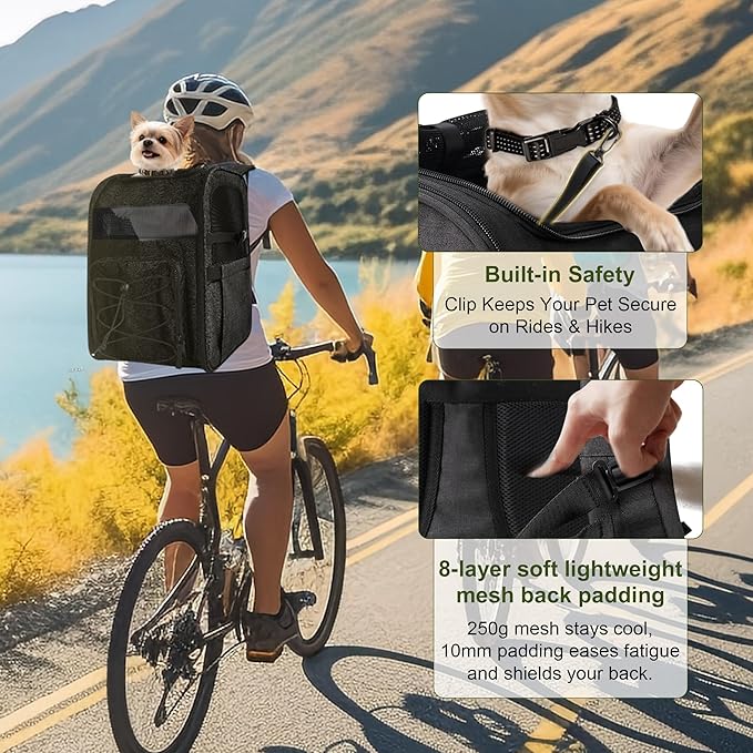 Dog Backpack, Breathable and Comfortable - with Chest Strap, Waist Strap, Safety Buckle and Elevated Interactive Pad, Ideal Pet Carrier Bag for Traveling, Hiking and Daily Walks, Black