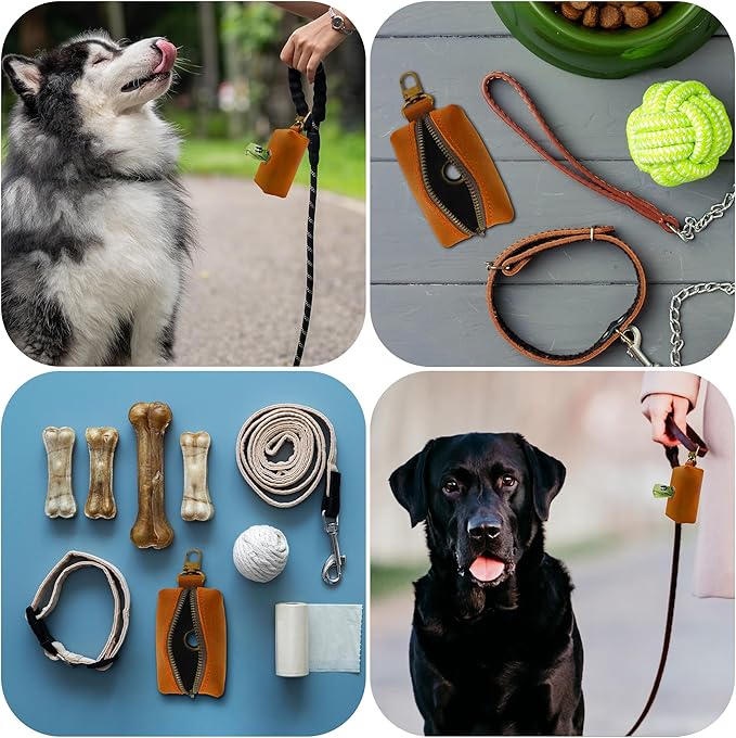 HIFA Genuine Leather Dog Leash Poop Bag Holder - Soft Touch Rustic Leather, Metal Clips, Easy Access to Pet Waste Bags - Outdoor Walking Dispenser