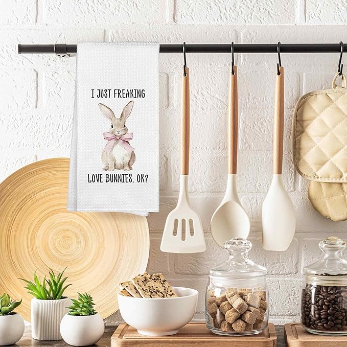 I Just Freaking Love Bunnies Kitchen Towels Decorative Gifts for Rabbit Lovers 16x24, Rabbit Dish Towel Cloths Dishcloths Tea Towel, Easter Bunny Bathroom Kitchen Hand Towel Decor