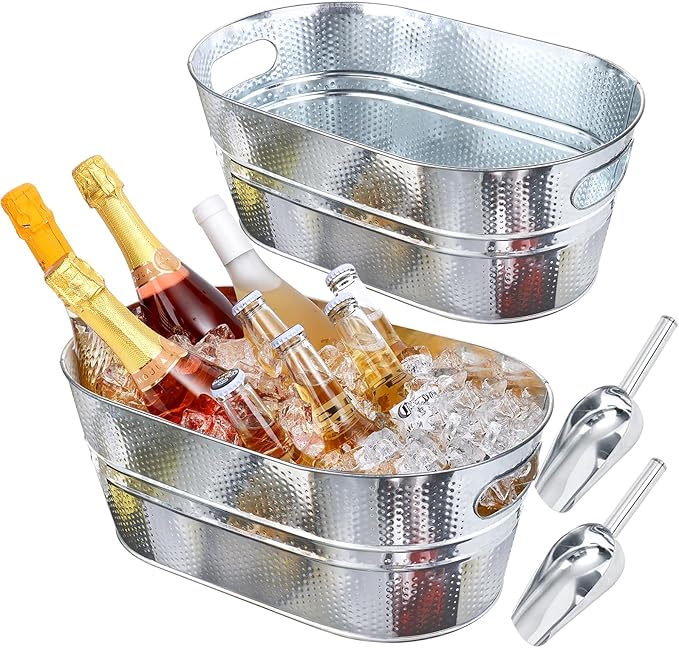 Ice Buckets for Parties 2 Pcs 3 Gallon Galvanized Beverage Metal Tub Hammered Texture Champagne Drink Wine Large Ice Bucket with Scoops for Cocktail Mimosa Bar Supplies