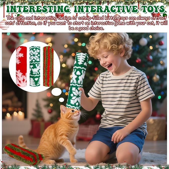 Civaner 6 Pcs 10.6 Inch Christmas Cat Catnip Toy Interactive Kitten Kicker Toy Soft Plush Cat Pillow Stick Kitten Chasing Exercising Chewing Catnip Indoor Xmas Gift (Red, Green, Red Green Stripes)