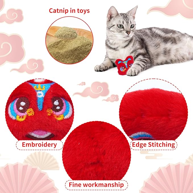 Lunar New Year Cat Toys for Bored Indoor 6 Pcs Xmas Plush Catnip Toys Training Kitten Chewing Interactive Toys Chinese Red
