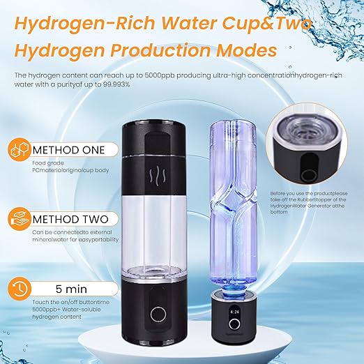 Hydrogen Rich Water Bottle, Portable Rechargeable Rich Hydrogen Water Generator Bottle Pure H2 Water Bottle, Hydrogen Contents Up to 5000 ppb, zbfc2BLACK