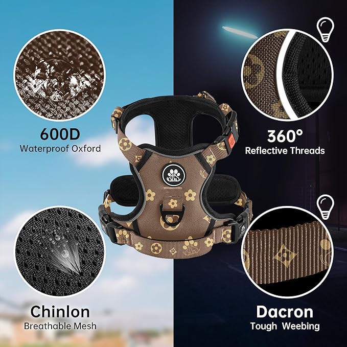 NESTROAD No Pull Dog Harness,Adjustable Oxford Dog Vest Harness with Leash,Reflective No-Choke Pet Harness with Easy Control Soft Handle for Medium Dogs(Medium,Dark Brown)