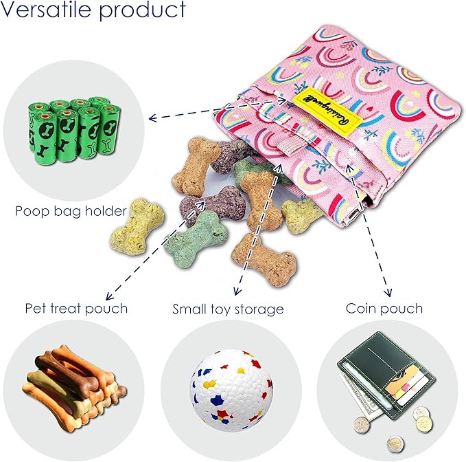 Dog Treat Pouch,Cotton Pocket Sized Training Holder, Hand Free Walking Funny Bag with Carabiner, Self-Closing Pet Feed Snack Reward, Behavior Aids for Puppy Travel or Outdoor Use （Rainbow）
