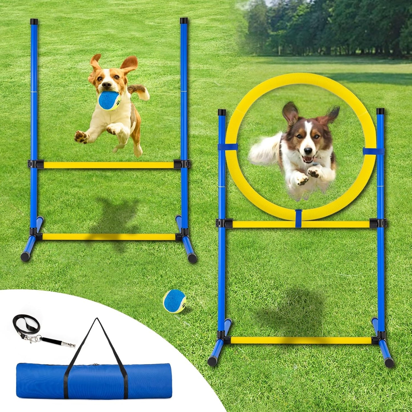Dog Agility Training Equipment, Dog Agility Course Backyard Set, Pet Outdoor & Indoor Obstacle Course, with Agility Hurdle, Jump Ring, Toy Balls and Storage Bag