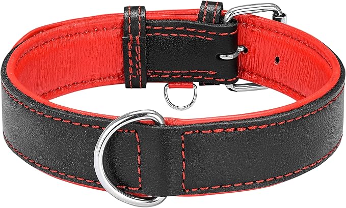 Riparo Adjustable Leather Dog Collar - Heavy Duty Wide Dog Collar for Small, Medium, Large and Extra Large Dogs with Dog Tag Holder (XL: 1.75" Wide for 21”-25” Neck, Black/Red Thread)