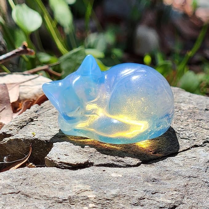 OwMell Tiny Sleeping Cat Statue Hand-Carved Healing Stone Gemstone Little Kitten Statue Figurine 2" - Opal Small