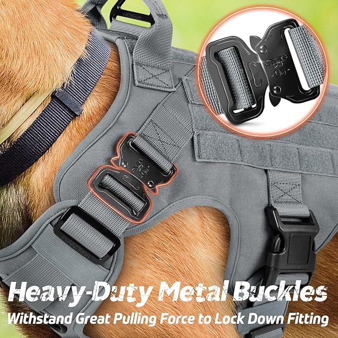 rabbitgoo Tactical Dog Harness for Large, Heavy Duty Pet Harness with Handle, No-Pull Service Vest Large Breed, Adjustable Military Dog Vest for Training Hunting Walking, Grey, L