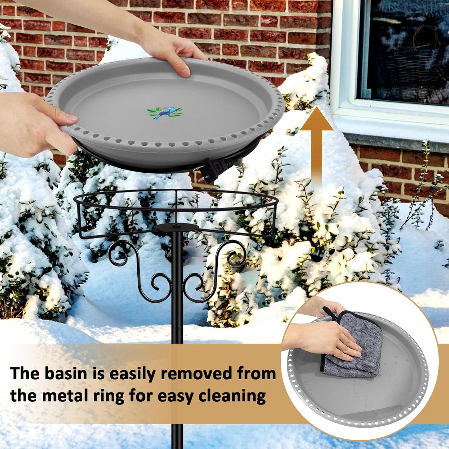 Lovppy Heated Bird Bath, 100W Thermostatically Controlled Heated Bird Baths for Outdoors Bird Bath Heater with Metal Stake, Heated Bird Bath for Outside Winter Garden Patio Yard Lawn (Gray)