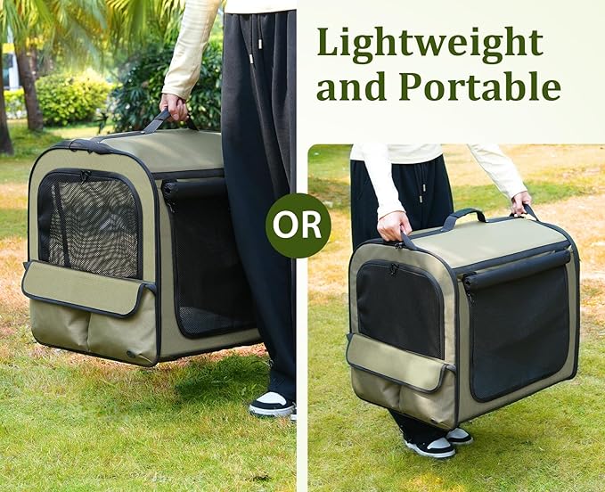pecute Dog Car Carrier Stable and Light Weight, Expandable Extra Space Dog Carrier for Cars, Breathable Dog Car Crate, Foldable Pet Carrier for Both Indoor and Outdoor Use, Pet Travel Crate Green