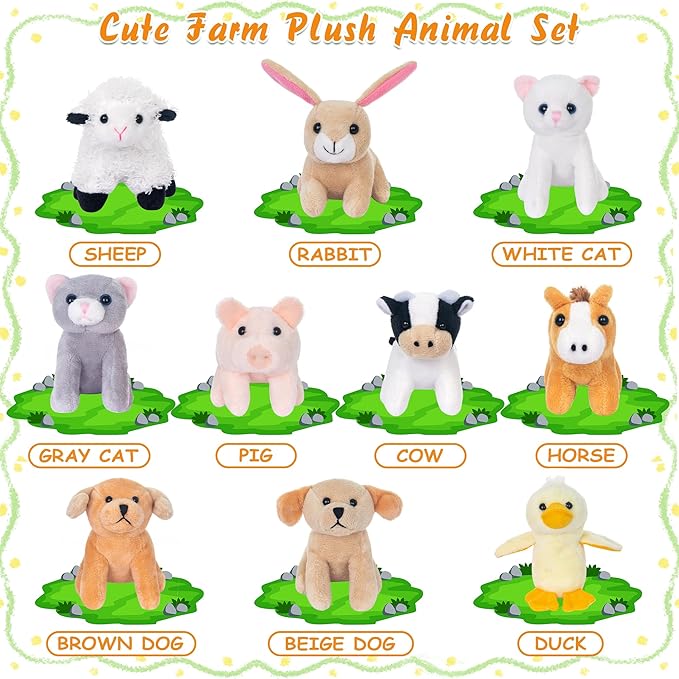 My OLi 10 Pack Plush Farm Animals Toys Stuffed Animals Bundle 3.5 Inch Cute Small Stuffed Animal Bulk Plush Toys for Kids, Plush Cat Dog Duck Rabbit Pig Sheep Cow Horse