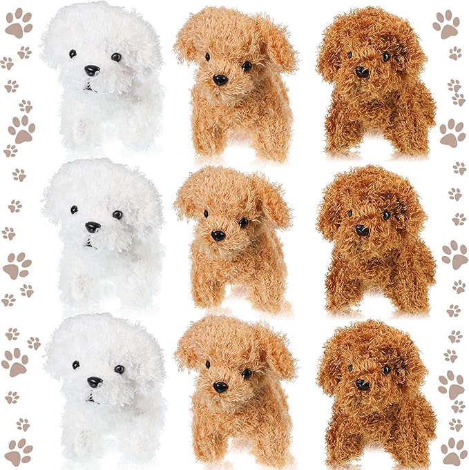 Sumind 9 Pcs 4" 5" Mini Plush Stuffed Dog Party Favor Small Puppy Stuffed Animal Bulk Soft Toy Doll Cute for Kids Gift Graduation Stocking Stuffers Baby Shower Birthday(Curly Puppy)