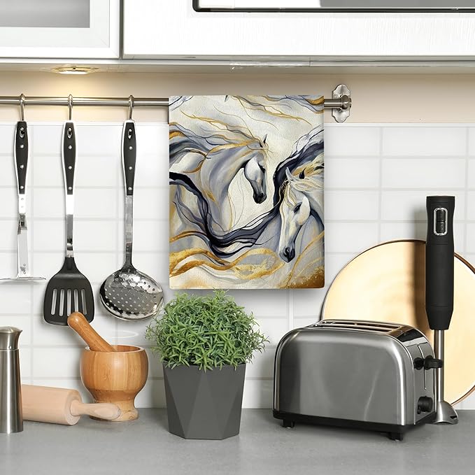 Abstract Horse Dish Towels for Kitchen Drying, Golden Kitchen Towels Decorative Set of 2, Cute Absorbent Hand Dish Cloths for Cooking Baking Bar Bathroom Decor, Gifts for Horse Lovers