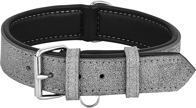 Riparo Adjustable Leather Dog Collar - Heavy Duty Wide Dog Collar for Small, Medium, Large and Extra Large Dogs with Dog Tag Holder (L: 1.5" Wide for 17"-21" Neck, Gray/White Thread)