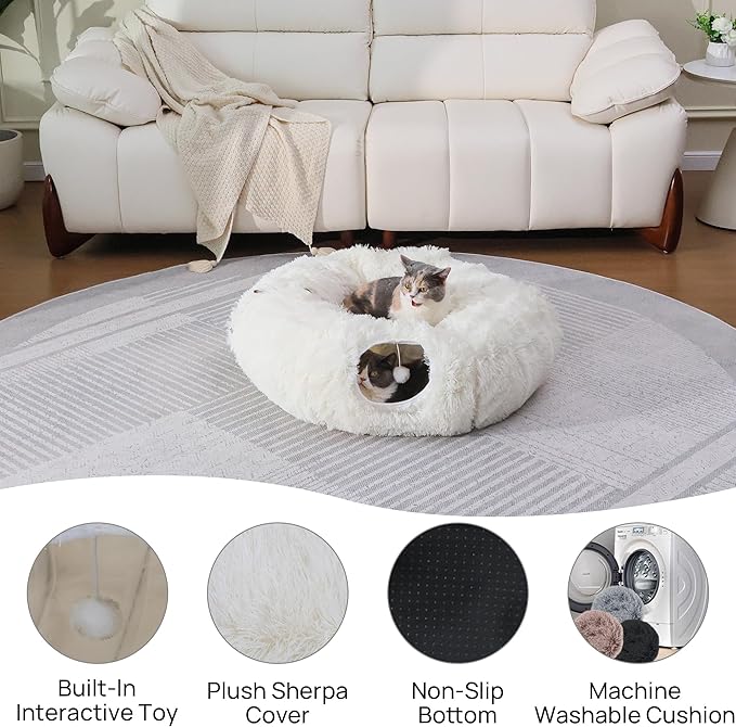Plush Cat Tunnel Bed for Indoor Cats with Soft Cushion, Multi-Shape Play Cave with Hanging Balls, Large and Foldable Cat Donut Tunnel for Small and Large Pets (White)