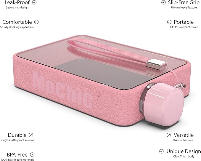 Mochic 13oz Flat Portable Travel Mug Handbag Slim Cold Flask | BPA Free A5 Water Bottle Tritan Plastic | Sports, Camping, Gym, Fitness, Outdoor - Leak Proof. 380ml (Pink)