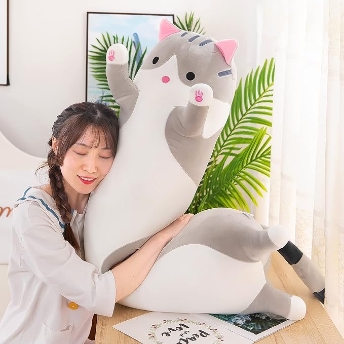 Cat Soft Plush Pillow Cute Cat Body Pillow, Long Stuffed Cat Plush Cat Stuffed Animal Toy Kitten Long Throw Pillow Gift for Kids Girlfriend(130cm, Grey)