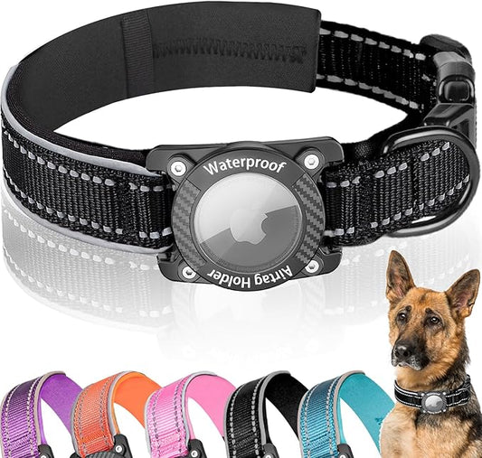 Upgraded AirTag Dog Collar, IP68 Waterproof Dog Collar with Apple Air Tag Holder, Reflective Adjustable Heavy Duty Dog Collars with Soft Padded for Small, Medium and Large Dogs,Black, XL