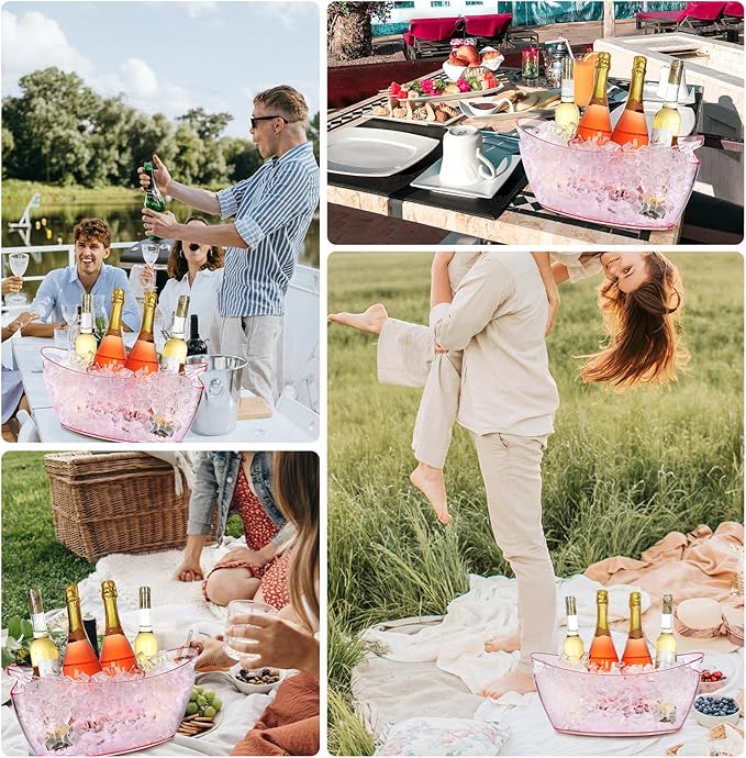 Ice Buckets for Parties, 2 PCS Acrylic Champagne Beverage with 2 Ice Bucket Scoop, Drinks Buckets Tub for Cocktail Bar, Long and Narrow 5.5 Liter Bucket for Party(5.5L) (Pink)