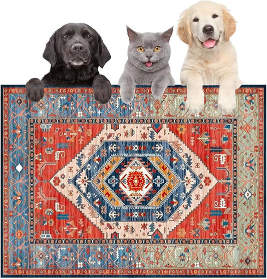 Large Boho Dog Cat Food Mats for Floors, Absorbent Dog Bowl Mat for Food and Water Dispenser Mat, Quick Dry Pet Supplies(Vintage Red, 36'' x 16'')