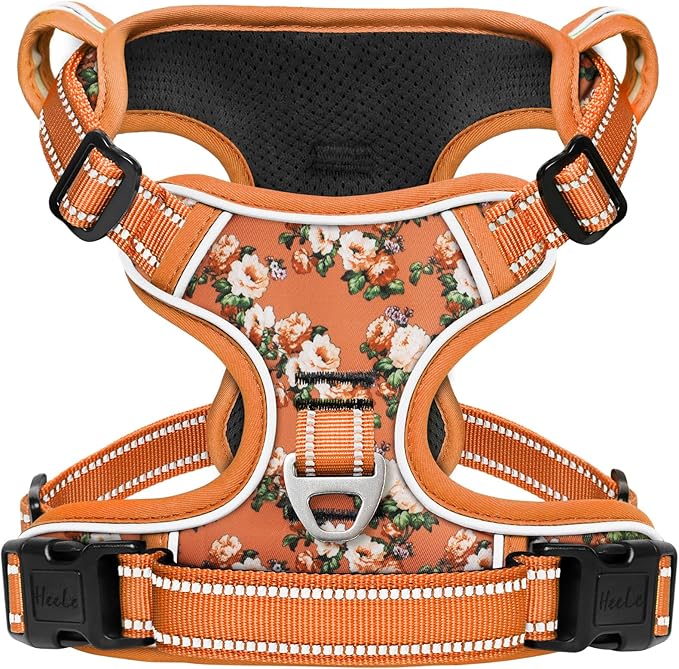 HEELE Dog Harness, No Pull Adjustable Padded Reflective Harness for Small Medium Large Dogs with Handle for Walking Training, Flower-Orange,XL