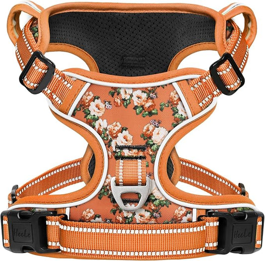 HEELE Dog Harness, No Pull Adjustable Padded Reflective Harness for Small Medium Large Dogs with Handle for Walking Training, Flower-Orange,M