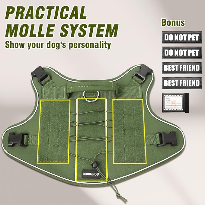 Tactical Dog Harness for Large Dogs,No Pull Military Dog Vest with Handle,Reflective Heavy Duty Pet Harness for Walking Hiking Training Green L