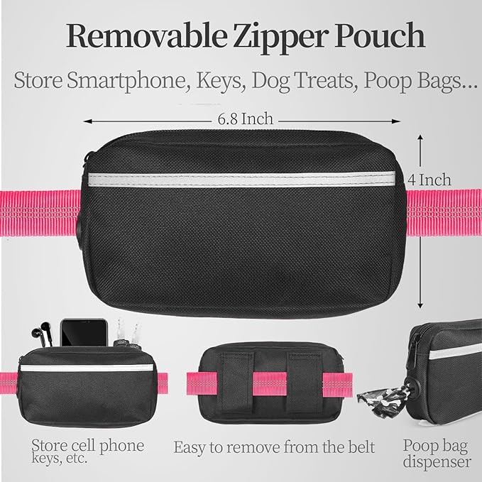 iYoShop Hands Free Dog Leash with Zipper Pouch, Dual Padded Handles and Durable Bungee for Walking, Jogging and Running Your Dog (Medium, 8-25 lbs, Pink)
