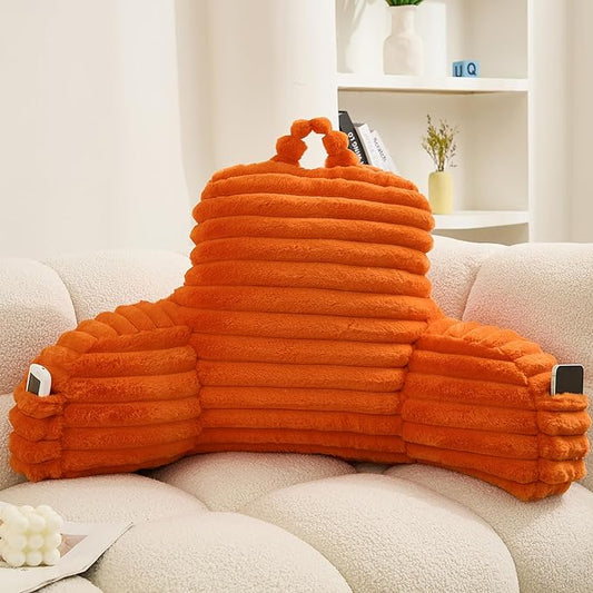 WERDIM Reading Pillow for Sitting in Bed, Faux Fur Back Pillow for Bed Rest, Bed Chair Pillow with Arms and Pockets(Large, Orange)