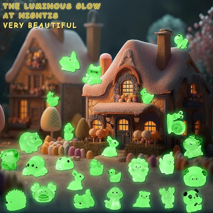 52Pcs Luminous Mini Resin Animals 52 Styles Miniature Glow in the Dark Resin Animal Figures to Hide Tiny Small Little Ducks Turtles Dinosaurs and Frogs for Micro Landscape Dollhouse Fairy Garden Decor