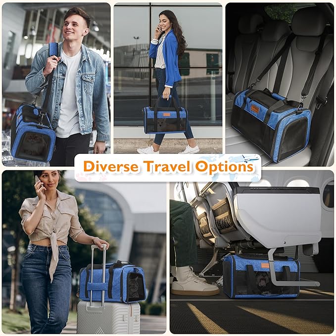 PETUX TSA Approved Pet Carrier in Cabin, 17"x11"x9.5" Soft Cat Carriers for Small Cats up to 12 lb, Top-Open Portable Dog Carrier with Litter Box and Anti-Scratch Mesh for Puppy up to 10 lb (Blue)