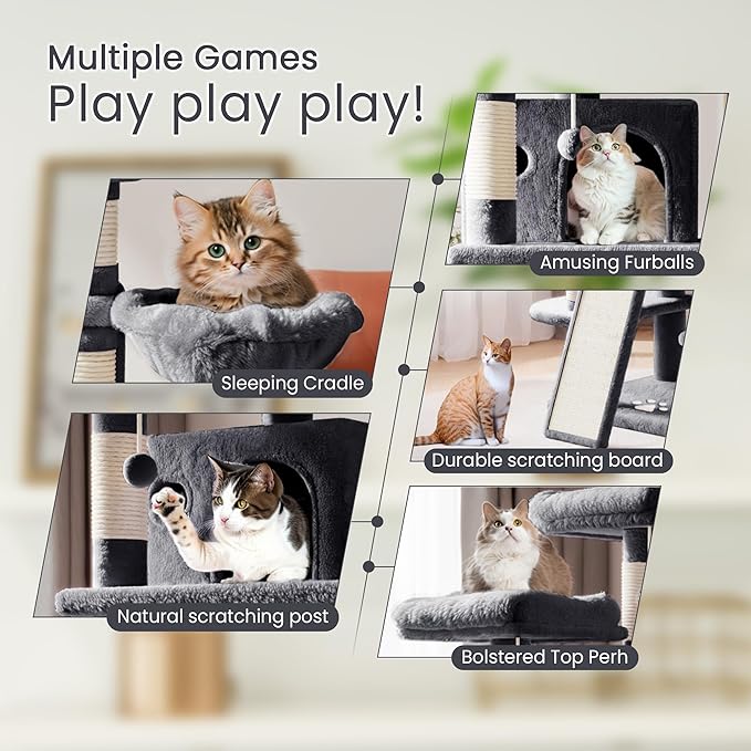 SHA CERLIN 68 Inches Multi-Level Large Cat Tree for Large Kitties/Big Cat Tower with Condo/Cozy Plush ‌Pussycat Perches/Sisal Scratching Posts and Hammocks/Activity Center/Dark Grey