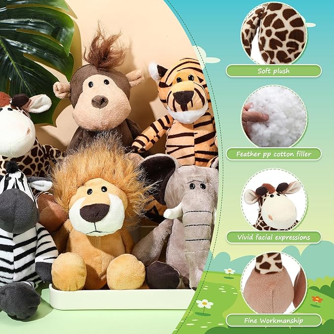 HyDren 12 Pieces Safari Stuffed Animals 8 Inch Jungle Animal Toys Set Boys Girls Plush Forest Animals Lion Elephant Zebra Giraffe Tiger Monkey for Zoo Animal Party Teacher Student Award