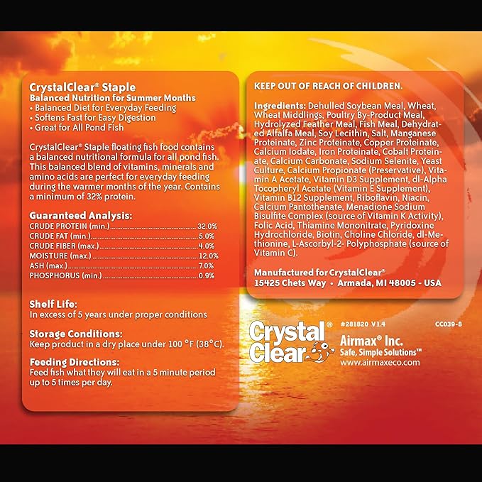 CrystalClear Staple Pond Fish Food for Healthy Koi & Goldfish, Protein Packed Floating Pellets for Summer Nutrition, Easy Digestion, 2.2 Pound Bag