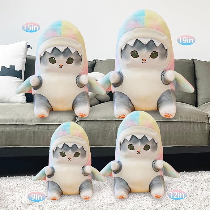 Kawaii Shark Cat Plush Toy Stuffed Animal Doll, Cute Soft Pillow Stress Release Hugs Toys Christmas Halloween Birthday Gifts for Kids Boys Girl Best Gift (Colorful - Gray,12 inch)