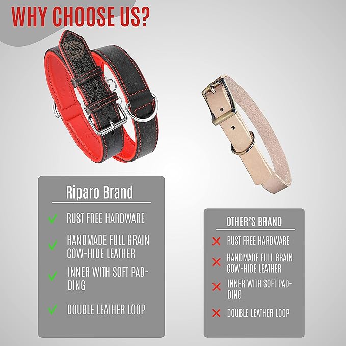 Riparo Adjustable Leather Dog Collar - Heavy Duty Wide Dog Collar for Small, Medium, Large and Extra Large Dogs with Dog Tag Holder (L: 1.5" Wide for 17"-21" Neck, Black/Red Thread)