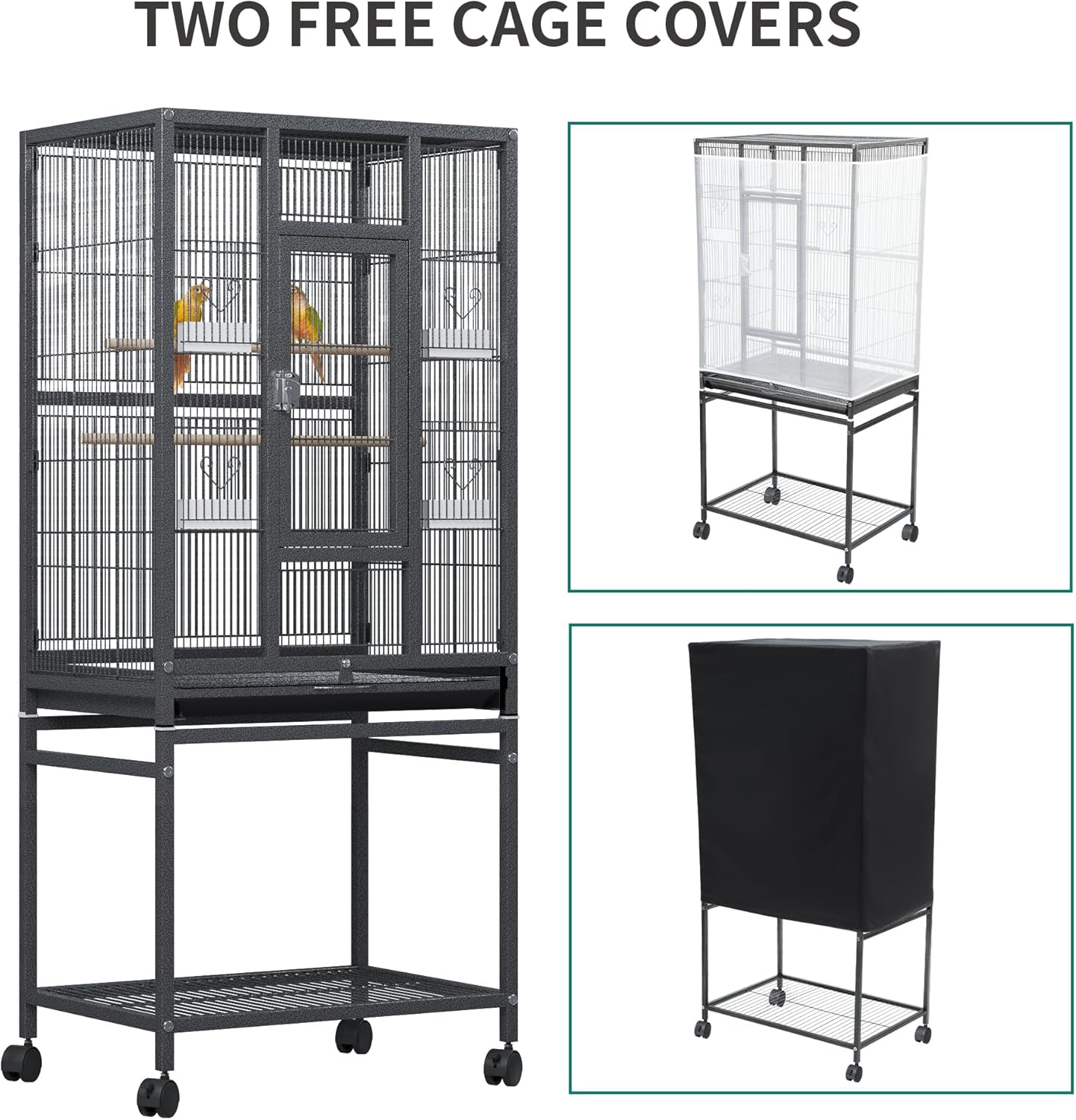 YITAHOME 53.9 inches Metal Bird Cage for Parakeets: Large Parrot Cages with Seed Catcher & Birdcage Cover with Rolling Stand & Brakes for Lovebirds Cockatiels Pigeon Finches, Black