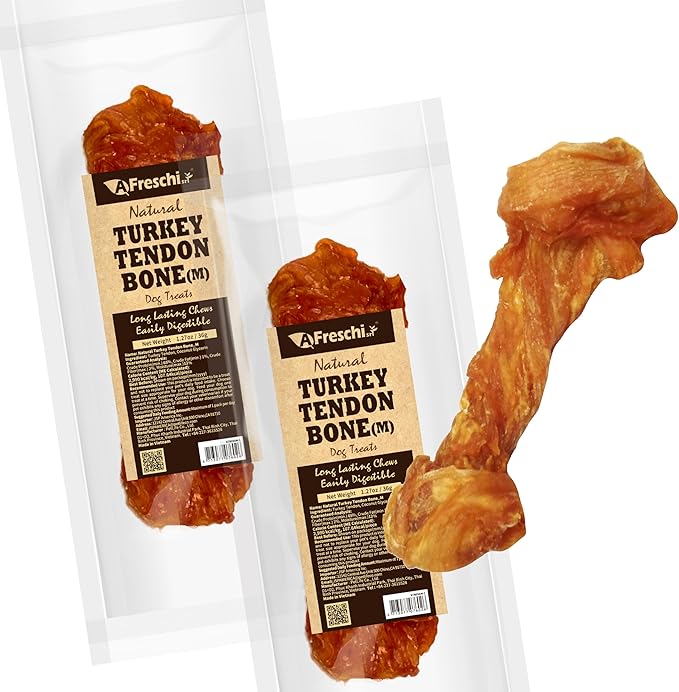 AFreschi Turkey Tendons for Dogs, USA-Sourced, Healthy Dog Treats, Rawhide-Free Puppy Chews, Long Lasting, All Natural, Hypoallergenic Dog Treats for Medium Breeds, 2 Count Pack Bone (M)