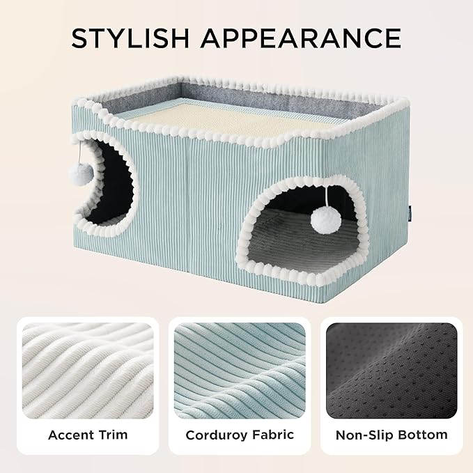 Bedsure Cute Cat House for Indoor Cats - Extra Wide Cat Scratch House with Large Top Sisal Scratch Pad for Multiple Cats, Foldable Kitty Cave Hideaway for Entertainment, 23.6x15.9x12.6inches, Blue