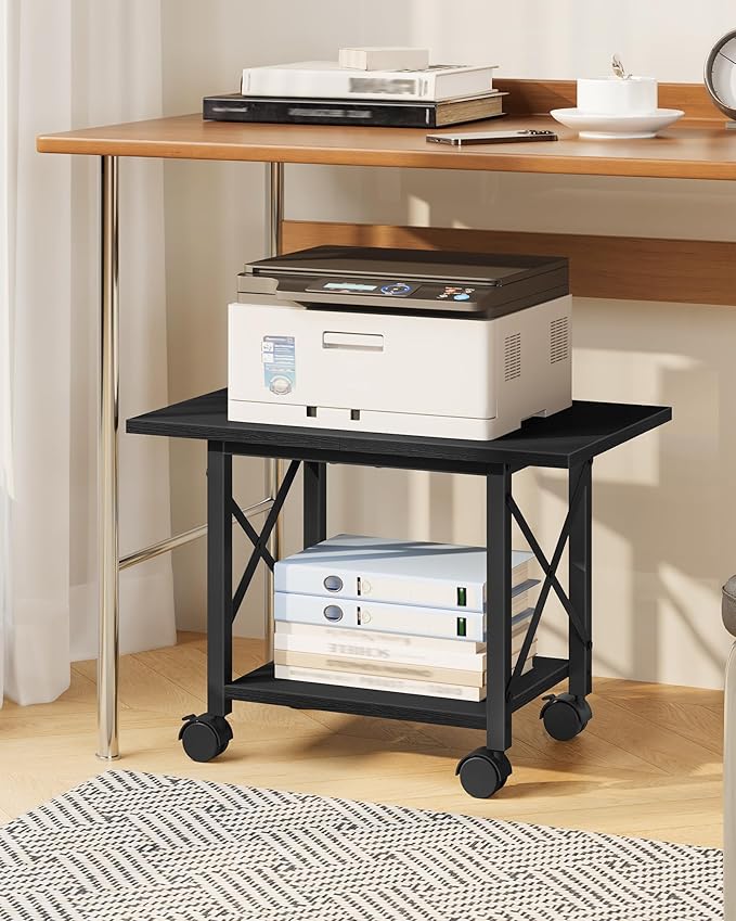 23.6" Under Desk Printer Stand, 2-Tier Printer Table with Wheels Adjustable Feet for Home Office, Study, Living Room, Black TPS01BB