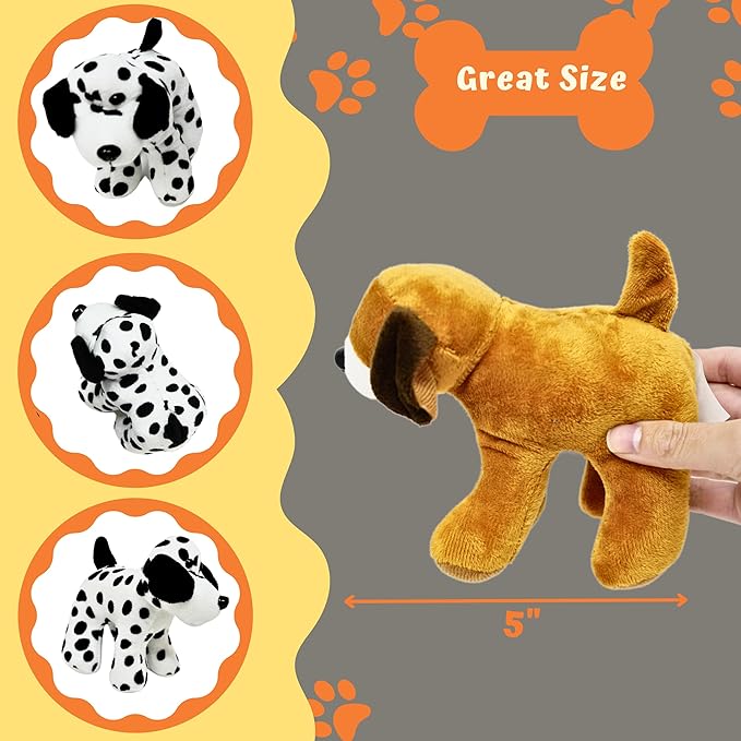 4E's Novelty Plush Dogs Animals (12 Pack) Assorted Stuffed Puppies - 5 Inches, Small Plushed Animals, 6 Designs - for Birthday Party Favors Gifts for Kids
