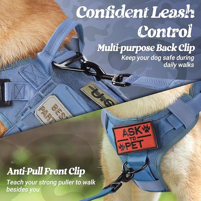 rabbitgoo Tactical Dog Harness Medium Sized, Heavy Duty Pet Harness with Handle, No-Pull Service Vest Medium Breed, Adjustable Military Dog Vest for Training Hunting Walking, Blue, M