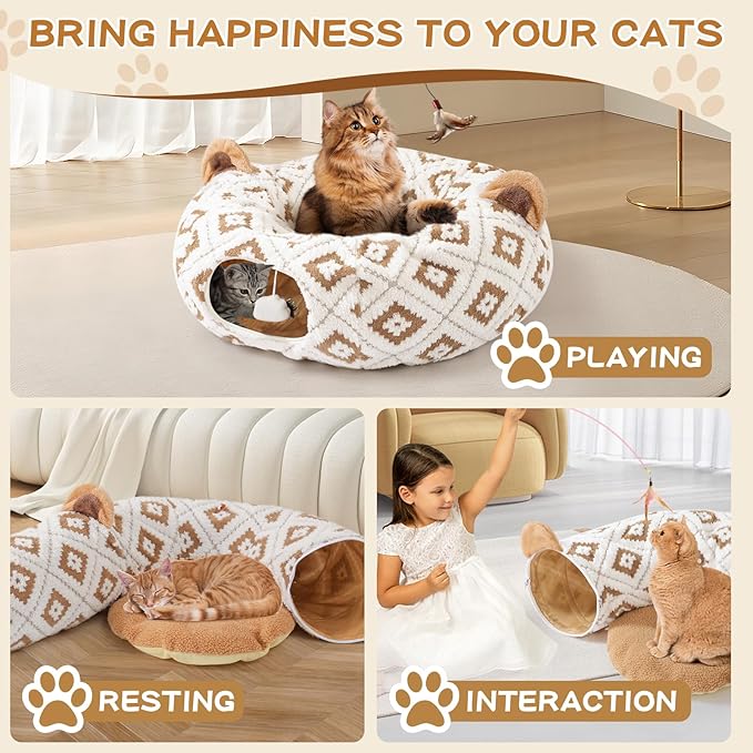 Cat Tunnel Bed for Indoor Cats, Cat Donut Tunnel with Washable Cushion, Peekaboo Cat Cave Toy, Multifunctional Playground Toys for Kittens, Rabbit, Brown Jacquard Pattern