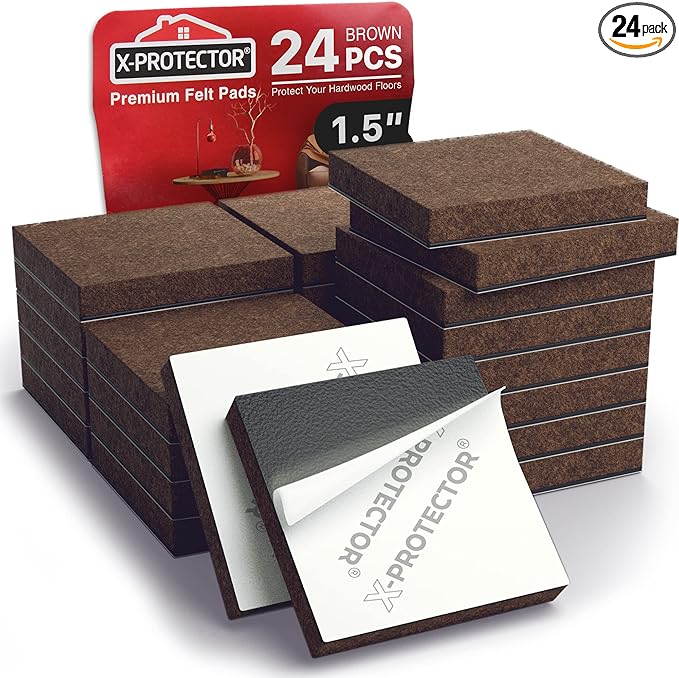 24 Heavy-Duty Felt Furniture Pads 1.5” 1/4” Thick X-Protector! Square Felt Pads for Furniture Feet - The Best Felt Floor Protectors for Furniture to Prevent Scratches. Protect Your Hard Floor! (Brown)