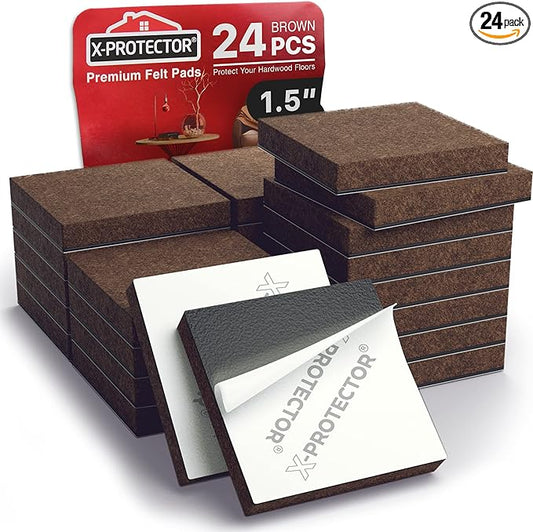 24 Heavy-Duty Felt Furniture Pads 1.5” 1/4” Thick X-Protector! Square Felt Pads for Furniture Feet - The Best Felt Floor Protectors for Furniture to Prevent Scratches. Protect Your Hard Floor! (Brown)
