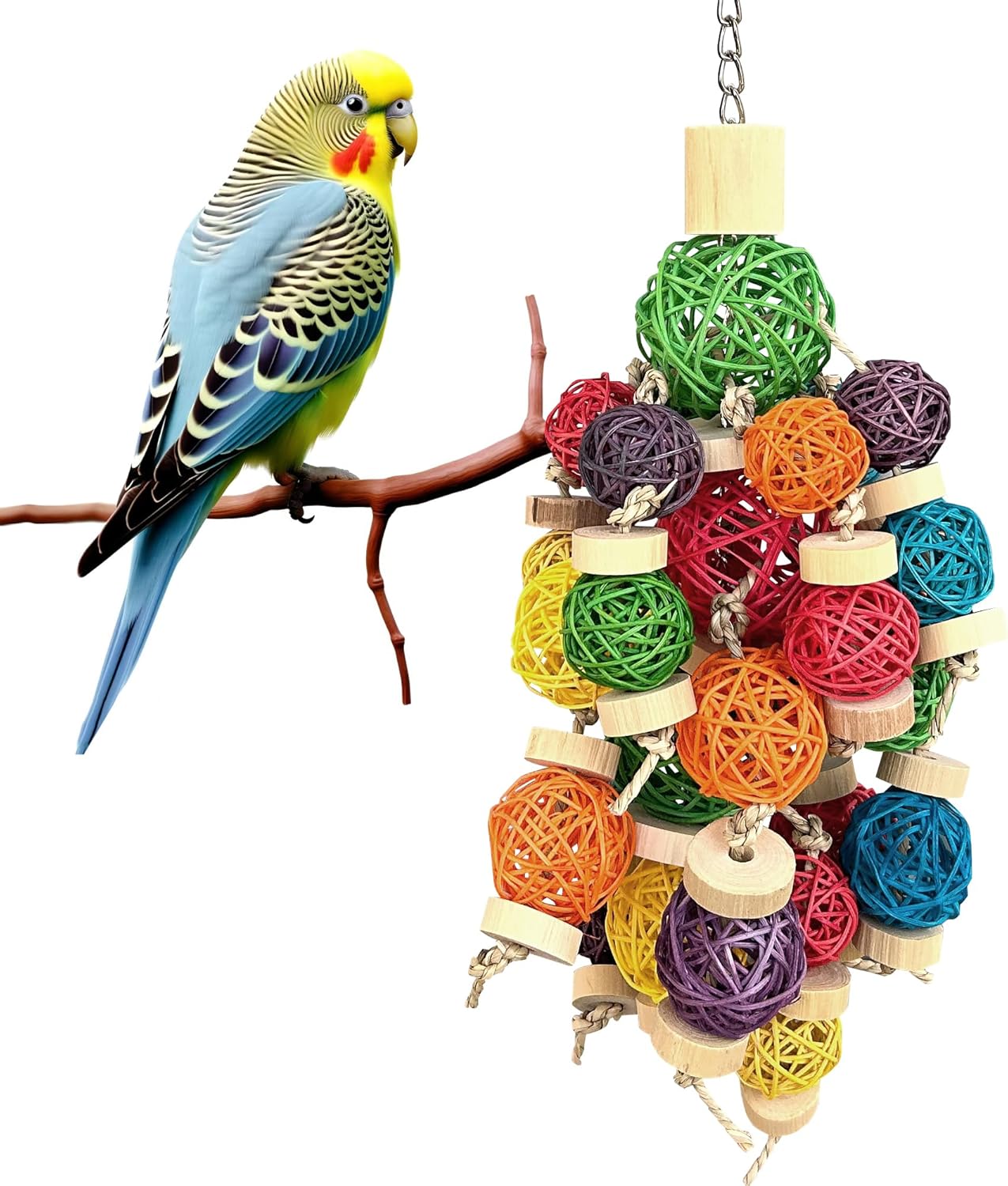 LUCKITTY 22" Bird Toys for Large Parrots - Natural Wood, Rattan Ball & Corn Cob Chewing Toys with Edible Colors | Safe for Macaw, Cockatoo, Conures | Cage Hanging Enrichment Accessories