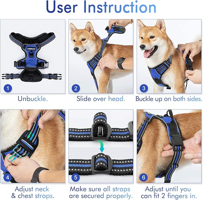rabbitgoo Dog Harness No Pull with 2 Leash Clips, Adjustable Soft Padded, Reflective Oxford No Choke Pet Vest with Easy Control Handle for Large Dogs, Dazzling Blue, XL