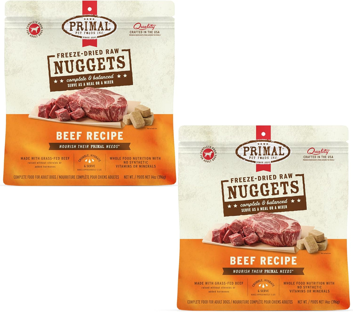 Primal Freeze Dried Raw Dog Food Nuggets, Beef, Complete & Balanced Meal, Also Use as Topper or Treat, Premium, Healthy, Grain Free, High Protein Raw Dog Food, 14 oz (Pack of 2)