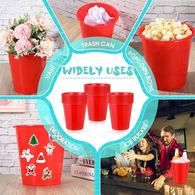 Layhit 24 Packs Plastic Ice Buckets for Parties 3 Liters Wine Bucket Portable Ice Holder for Party Disposable Wine Cooler for Wedding Party Beverage Champagne Soda and Beer(Red)